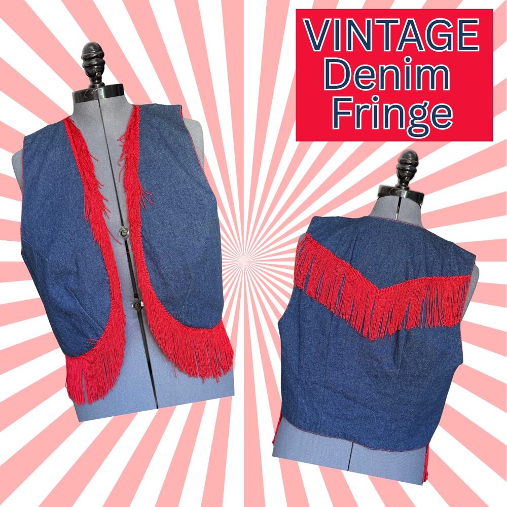 Plus Size 2X Vintage 80s 90s Blue Denim Red Fringe Cowgirl Rodeo Western Costume